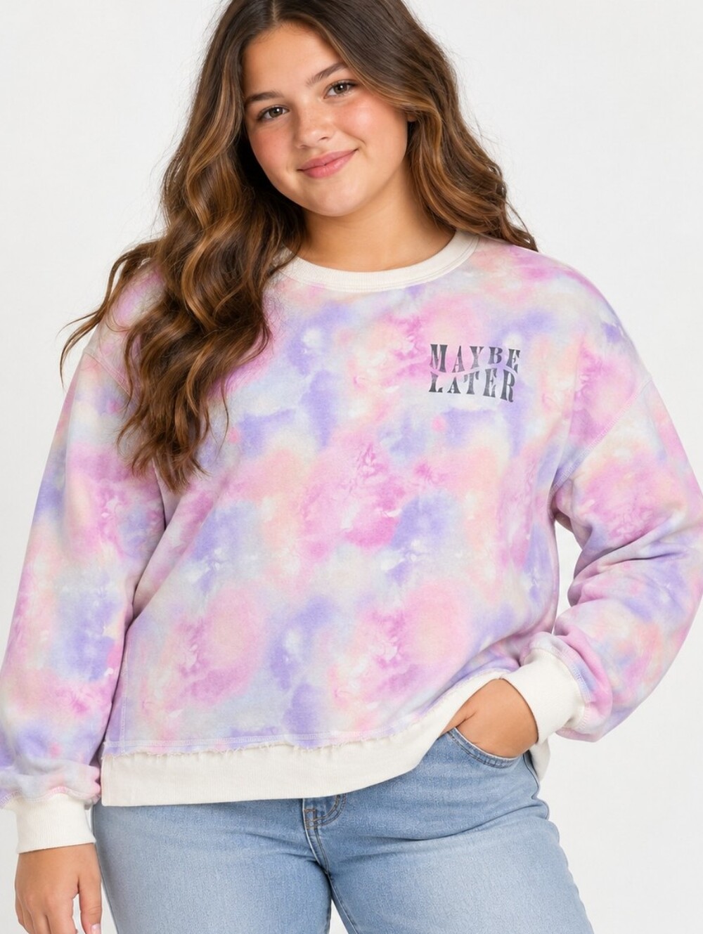 SO Juniors Plus 18 Tie Dye Maybe Later Sweatshirt Pullover Pastel Pink Purple